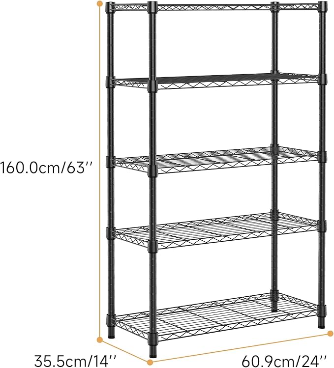 1250 lbs Storage Shelving Utility Shelving Unit 5-Tier Utility Shelving Unit Steel Organizer Wire Rack for Home,Kitchen,Office (13.7" D x 23.6" W x 62.4" H)