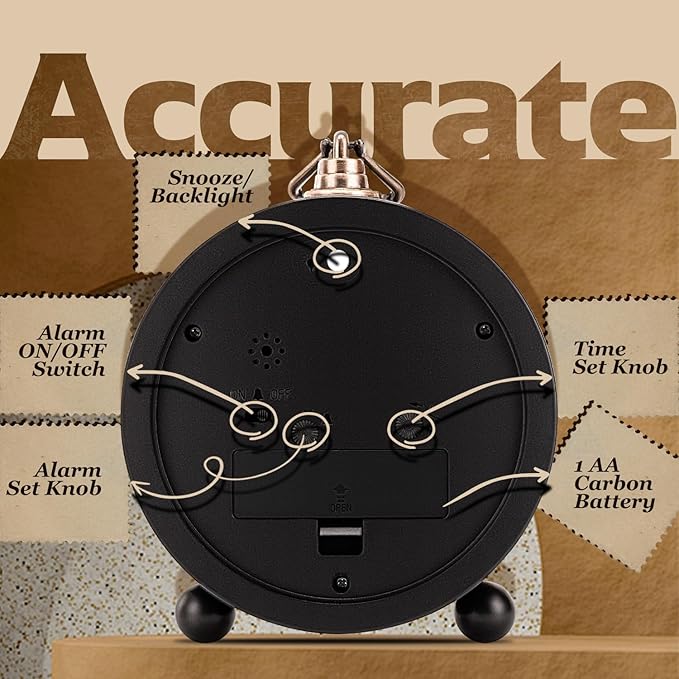 Vintage Alarm Clock, 5 inch Battery Operated Silent Non Ticking Snooze Small Clock with Night Light, Old Fashioned Desk Clock Decor for Bedroom, Bedside, Living Room, Room (Arabic)