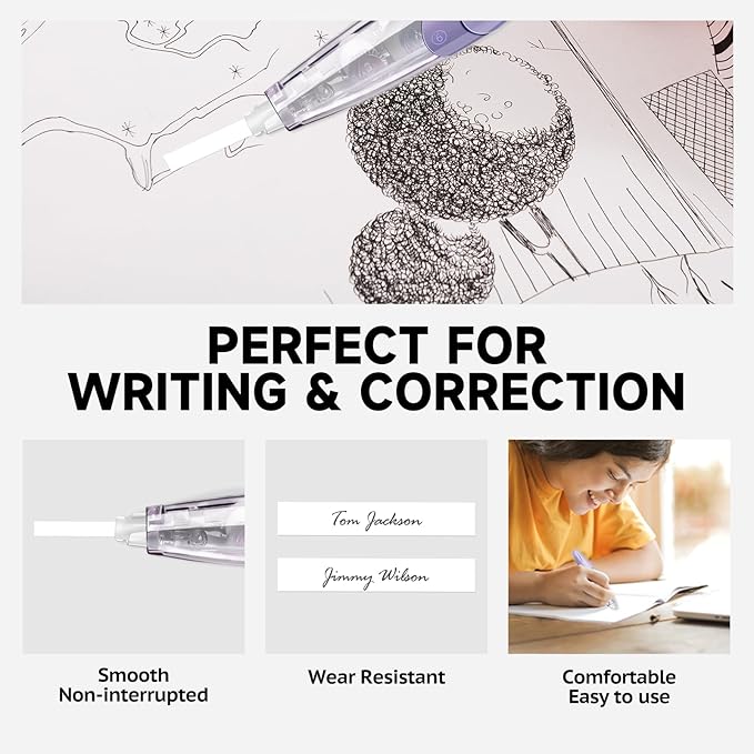 CINBOS Refillable Retractable Correction Tape with 2 Extra Refills, White Smooth Pull Out Cute Correction Tape for Office Supplies, 4 PCS (CS-26)