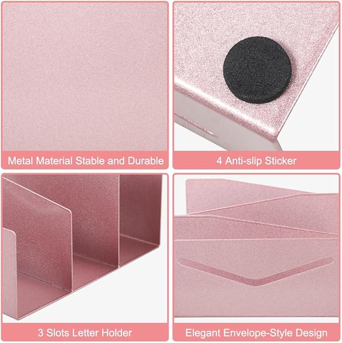 Picowe Metal Desk Mail Organizer Mail Holder, 3 Slots Letter Holder Organizer Envelope Organizer for Home Office (Rose Gold)