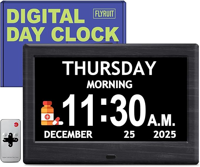 7'' Dementia Clock For Seniors, Large Display Digital Clock With Date, Time, Day Of Week for Elderly, Alzheimer, 1024*600P HD, 10 Reminders & 7 Alarms, Auto Dimming & DST, Remote Control, Woodgrain