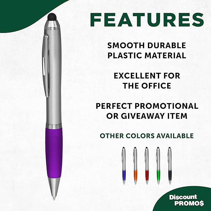 DISCOUNT PROMOS Stylus Ballpoint Pens Set of 10, Bulk Pack - Black Ink, Great for Office, School, Business, Tradeshows, Events - Purple