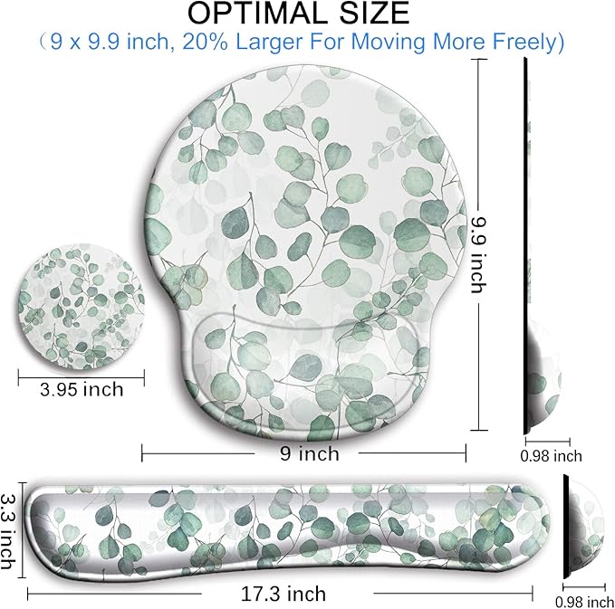 Mouse Pad and Keyboard Wrist Rest Support, with Non-Slip PU Base,Gel Mouse Pad with Coaster,Pain Relief for Gaming, Computer,Office -Eucalyptus