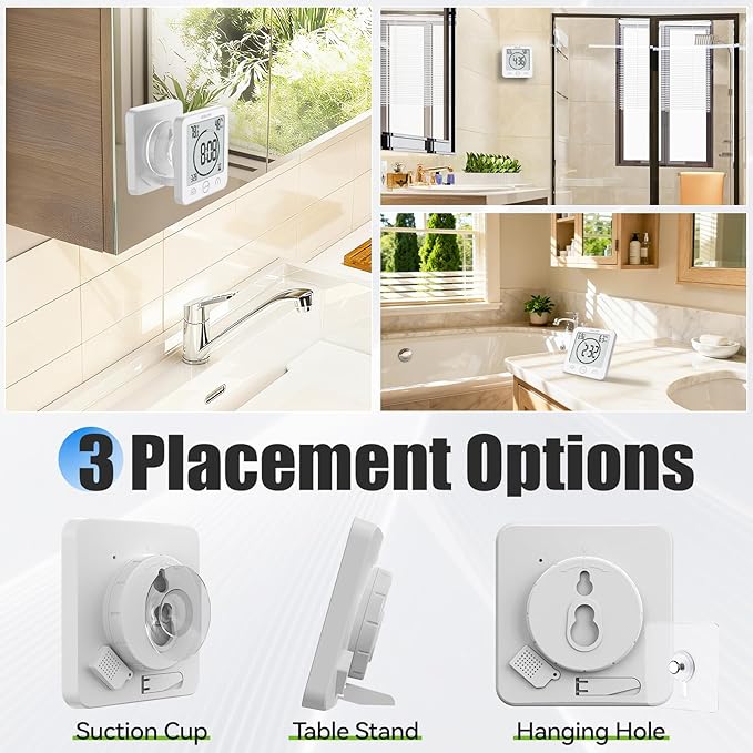 Baldr Shower Clock Waterproof Bathroom Clock with Timer/Temperature/Humidity, Digital Timers for Kids and Adults, Bath Kitchen Study, White