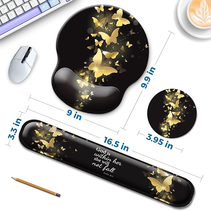 Mouse Pad and Keyboard Wrist Rest Support, with Non-Slip PU Base,Gel Mouse Pad with Coaster,Pain Relief for Gaming, Computer,Office -Golden Butterflies