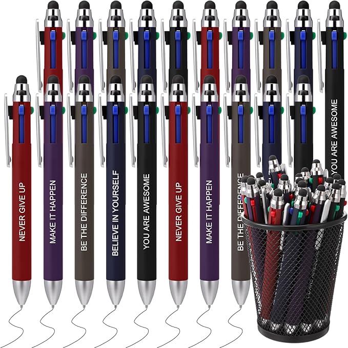 Yexiya 30 Pack 4 Color Retractable Pens Multicolor Ballpoint Pens Bulk 2 in 1 Stylus for Touch Screens Office Nurses Teachers Work Party Favors Gift (Inspirational Quotes)