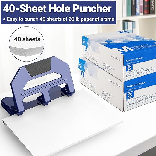 AFMAT 3 Hole Puncher Heavy Duty, 40-Sheet Heavy Duty Three Hole Punch, 50% Reduced Effort Paper Punch, 10K+ Uses, Metal Hole Puncher 3 Ring w/Large Tray, Bulit-in S.S. Paper Guide, Blue