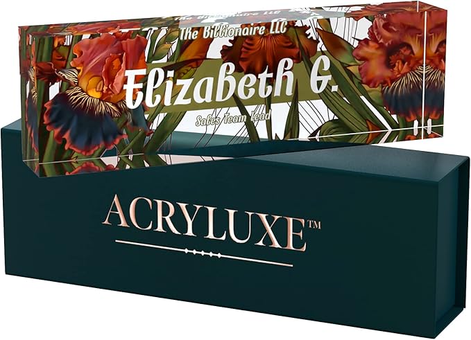 Desk Name Plate Personalized, Custom Name Plates, 2½/x8 Inches, Thick Crystal-Clear Acrylic, Gift Box, Office Desk Decor. USA Made by ACRYLUXE (Iris)