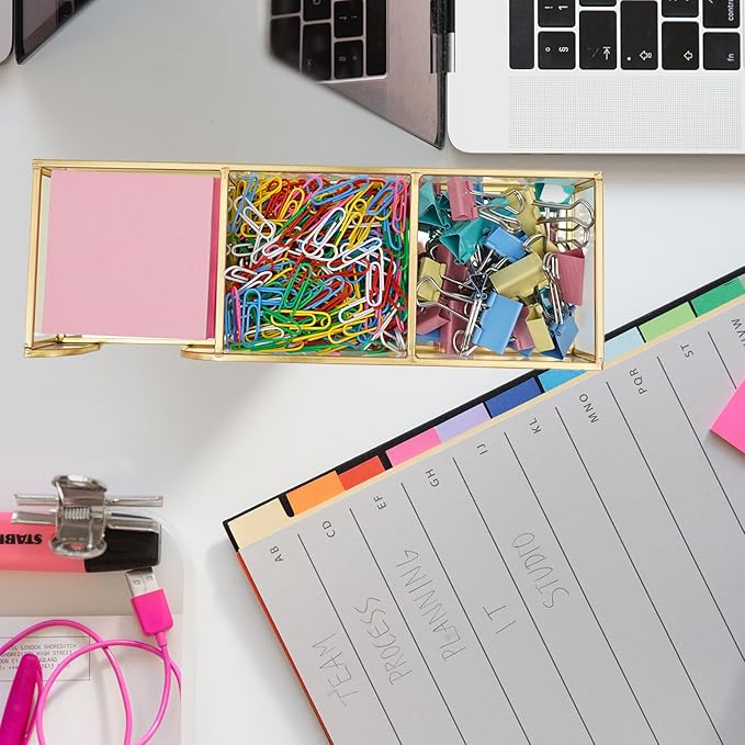 3 x 3 Inch Sticky Note Holder Gold Glass Post It Note Dispenser, 3 Slot Sticky Note Dispenser, Stylish Post It Holder for Home Office Desk Decor