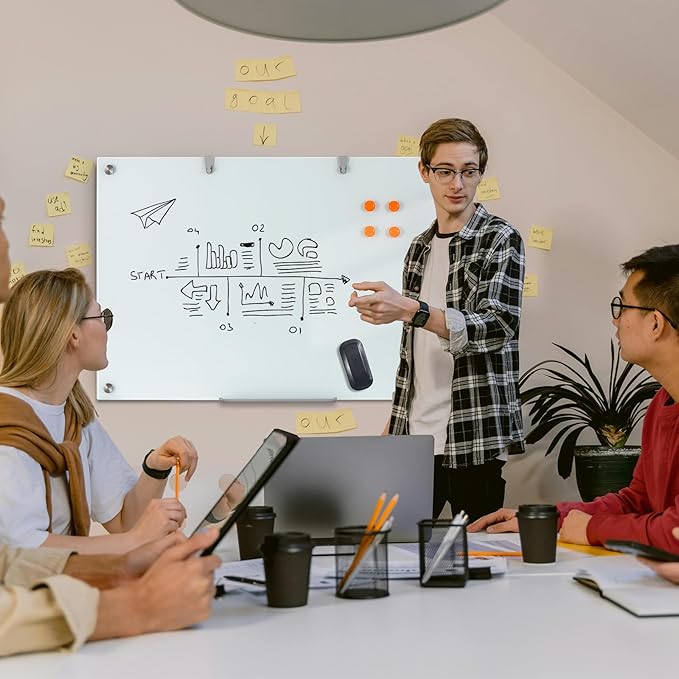 Glass Dry Erase Board, 36 x 24 Inches Magnetic Glass Whiteboard for Wall, 3' x 2' Frameless Board for Office, Home, School