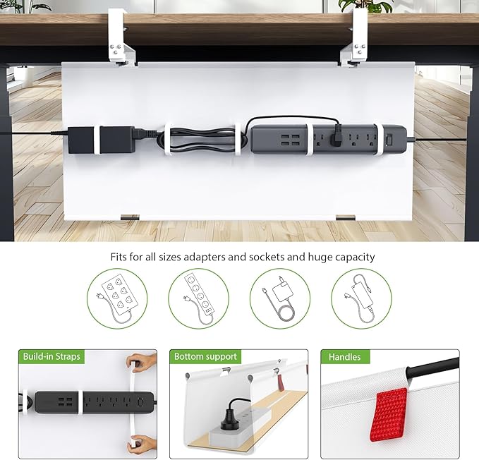 KEEGH No Drill Under Desk Cable Management Tray - 28" Cord Management Under Desk - Clamp/Screw Mount - Support Upto 70lbs - Fabric Wire Management - Gaming/PC Cable Raceways for Office/Home, White