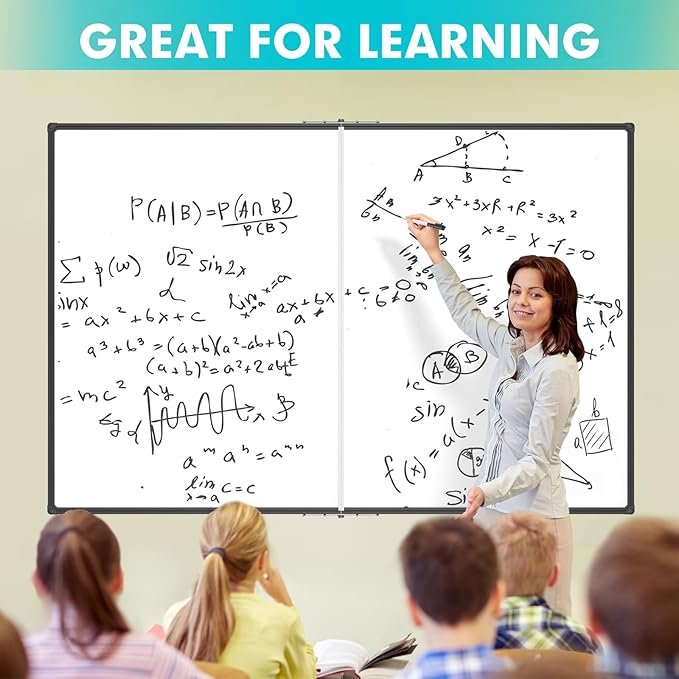 JILoffice Large Foldable White Board 60 x 48 Inches, Dry Erase Magnetic White Board, Black Aluminum Frame with 2 Detachable Marker Trays Wall Mounted Board for Office Home and School