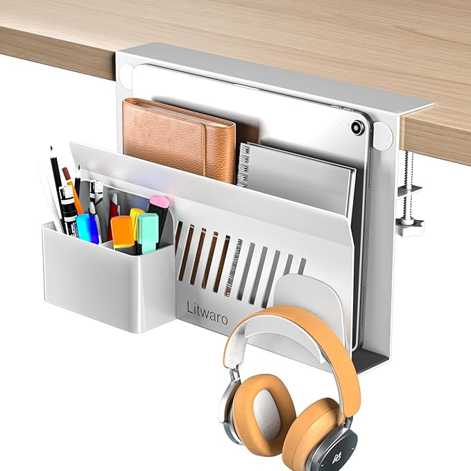 Litwaro Desk Side Storage, No Drill Laptop Holder with Magnetic Pen Holder, Under Desk Laptop Mount with Sticky Headphone Holder, Hanging Desks Organizer Fits Flat Edges 0.4" to 2" (White)