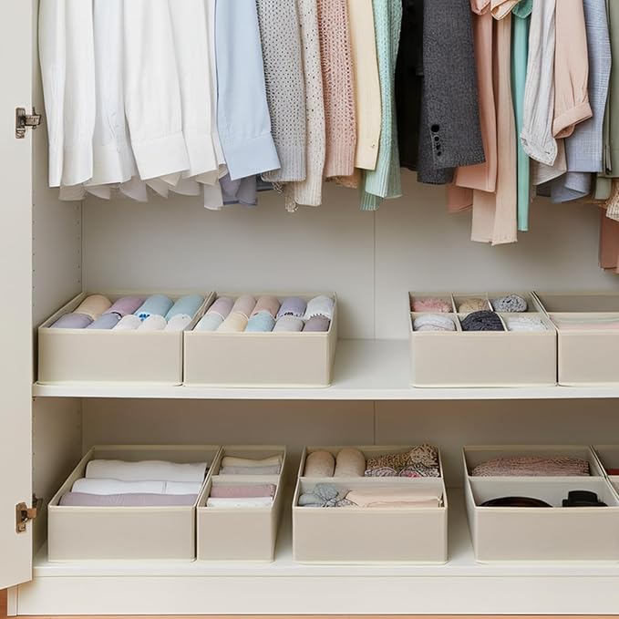 Drawer Organizer Set 4 Pack - Fabric Storage Bins for Underwear Socks Bras Baby Clothes - Closet Dresser Organizers Dividers for Bedroom Nursery, Grey