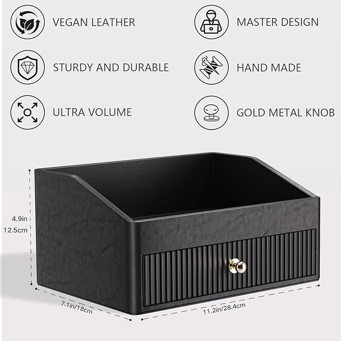 Desk Accessories,Black Vegan Leather Desk Organizers with 1 Draw & Tray,Remote Control Holder with Gold-Tone Metal Accents Knob for End Tables,Bedside Table,Bedroom