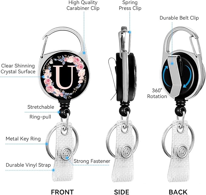 2 Pack A-Z Letter ID Badge Holder with Clip Badge Reels Retractable Heavy Duty,Keychain，ID Holder for School Nurse Office U