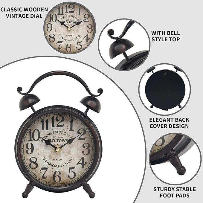 Vintage Dark Brown Desk Clock, Decorative Table Clock with Bell Top, Silent Non-Ticking Mantel Clock for Living Room or Bedroom, Wood Dial, Battery Operated