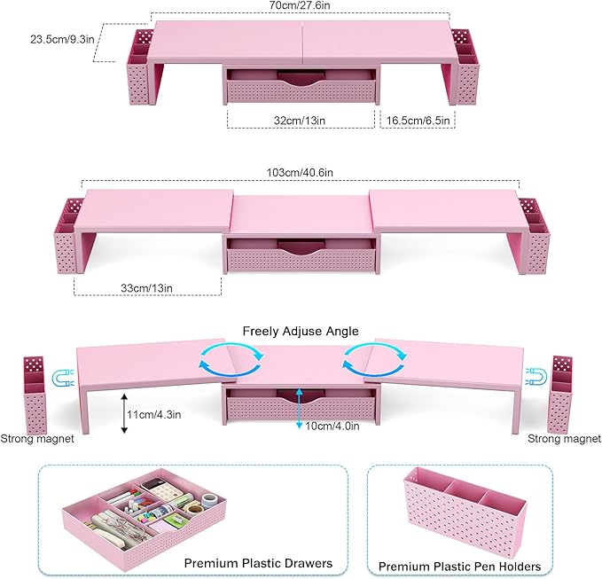Spacrea Metal Desk Organizers and Accessories, Dual Monitor Stand Riser with Drawer and 2 Pen Holders, Desk Accessories & Workspace Desktop Organizers for Office Supplies (Pink)