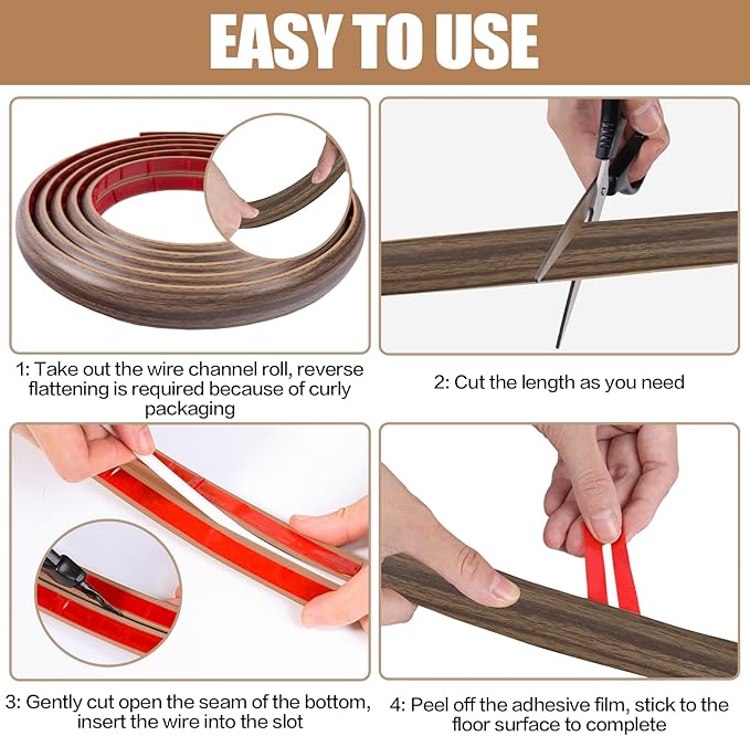 Floor Cord Cover Self Adhesive Cord Hider,10FT Cable Management, Extension Strip Protector for Wires, Prevent Cable Trips for Offices, Gyms, Exhibitions Cavity:0.39"(W) x 0.27"(H) Wood Walnut