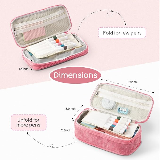 Large Capacity Pink Pencil Case, Cute Pencil Case Pencil Pouch with Zipper For Girls Women, Expandable Preppy Pencil Bag Large Storage High Capacity Bag Organizer for School Home Office Supplies, J