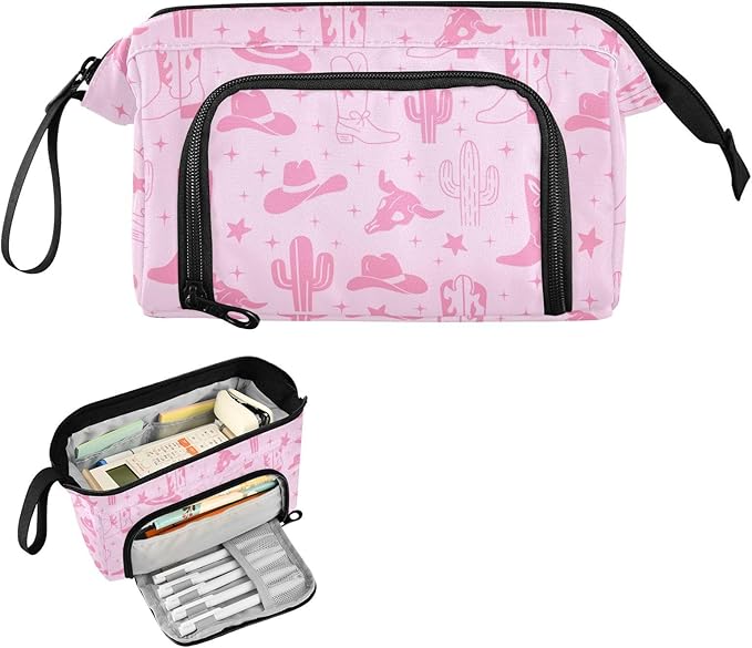 Western Cowboy Pink Pencil Case Pouch Big Capacity Pencil Bag Box Organizer Pen Case Pencil Pouch Aesthetic with Handle for Teen Girls Boy College Women School