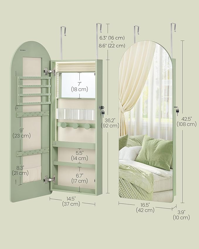SONGMICS Wide Jewelry Organizer, LED Jewelry Cabinet Wall/Door Mounted, Arched Mirror with Storage, Lockable, Rounded Corner, Interior Mirror, 3.9 x 16.5 x 42.5 Inches, Laurel Green UJJC020C01S