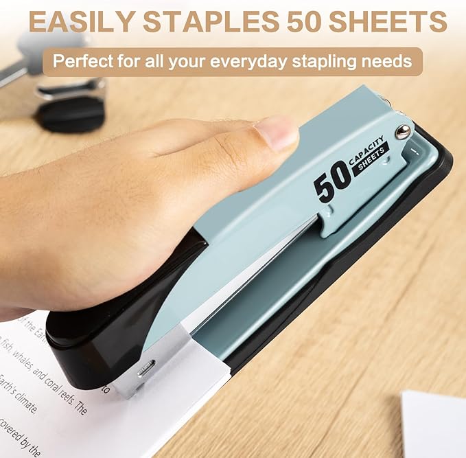 Deli Stapler Heavy Duty, Full Strip Staplers for Desk with 2000 Staples and Staple Remover, 50 Sheet Capacity, No Jam, Non-Slip Office Stapler with Staples for Office, Classroom, Blue