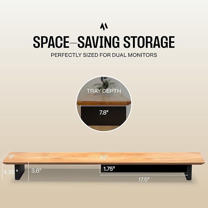 Solid Wood Dual Monitor Stand Riser – 43" Oak Desk Shelf for 2 Monitors with Tray & Wool Felt, Organizer for Desktop, Laptop and Office (Solid Oak)