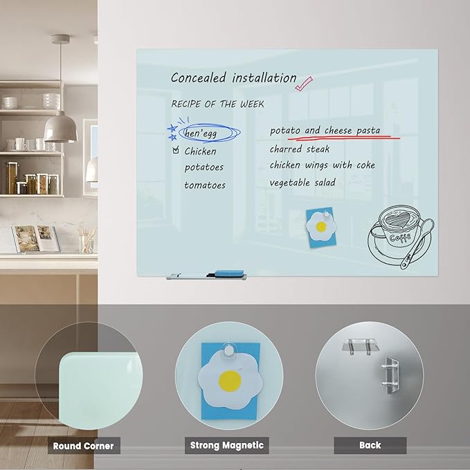 Glass Magnetic Dry-Erase Board - 48 x 36 Inches Hanging Glass Whiteboard for Wall, Large Frameless Magnetic White Board for Office, Home & School