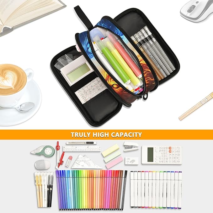 Wolf Ice Blue Fire Pencil Case Box Boys Girls Large Pencil Pouch with Zipper Compartments Big Capacity Stationery Pen Bag Organizer for Kids Teens Adults School