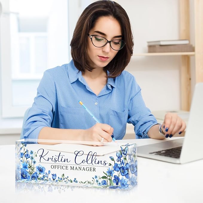 Custom Name Plate for Desk, Personalized Desk Name Plate on Clear Acrylic Glass, Appreciation Gifts for Teacher Employee Boss Coworkers Nurse, Office Desk Accessories for Women Men (Cerulean)