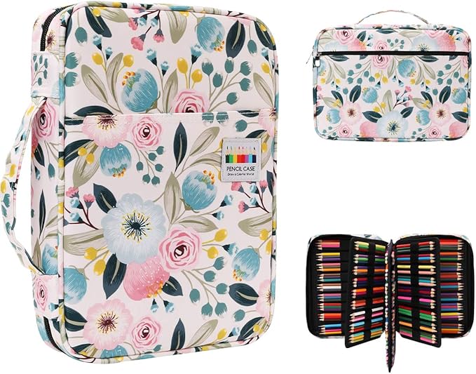 220 Slot Colored Pencil Case Pen Bag with Zipper for Artist Storage Organizer for Watercolor Pencil Gel Pen Marker Highlighter Large Capacity Handy Pencil Holder (Watercolor flower)