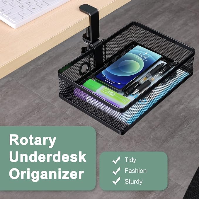 ROSLINE Under Desk Storage Organizer, Clamp on Drawer Basket, Hanging Storage, Mount Tray, Suitable for Multiple Scenes (Black)