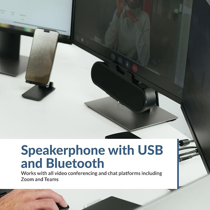 Cyber Acoustics USB & Bluetooth Speaker Bar (CA-2890PRO) USB Powered with Speakerphone for PC and Bluetooth to Connect to Smartphones, Clamps to Monitors up to 2 Inches Thick, 20 Watts