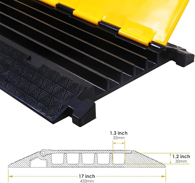 OrangeStar 2-Pack Rubber Cable Protector Ramp Heavy Duty 5-Channel Wire Cord Cover Ramps 18 Tons Load Capacity Traffic Speed Bumps for Driveway