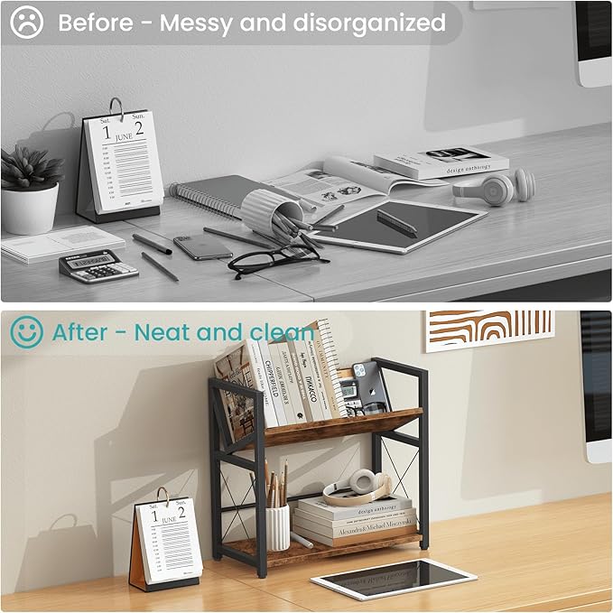 ELITEROO Desktop Bookshelf, 2 Tier Desk Shelf Organizer, Wooden Tabletop Bookcase, Small Desk Top Book Rack for Office, Home, Bedroom, Small Space Storage and Display, Rustic Brown