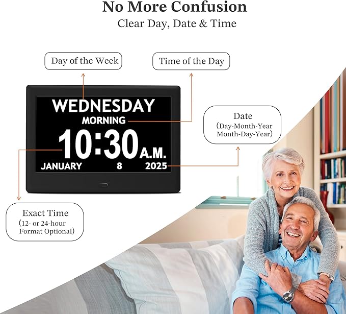 2025 NEW, Digital Clocks, 7'' Dementia Clock with Date and Time for Elderly, Auto-Dimming, 12 Reminders & 6 Alarms, Button & Remote Control, Auto DST, Digital Calendar for Seniors Large Display