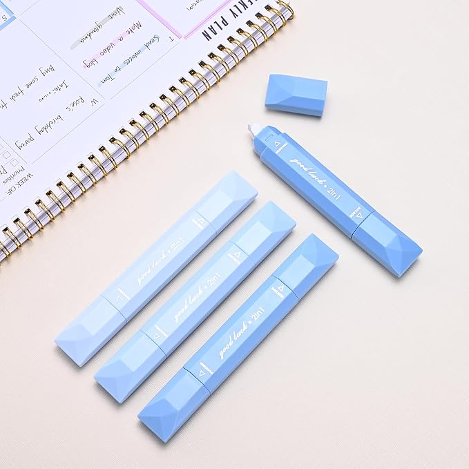 Temiary 4 Pcs 2 in 1 White Correction Tape and Double Sided Roller Set, Aesthetic Smooth Pull Out Tapes with Adhesive Glue Tape Roller Runner for School Office Supplies (Blue)