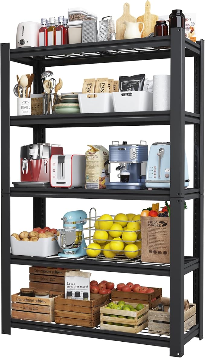 72" H Heavy Duty Garage Shelving, Metal Storage Shelves, 5 Tier Adjustable Storage Shelves, Industrial Utility Rack for Warehouse, Basement, Workshop, Kitchen, 16" D×35" W×72" H, Black