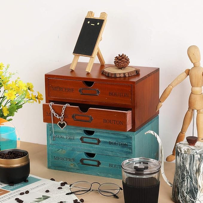 Wooden Storage Box Rustic Desktop Organizer with 2 Drawers Office Desk Accessories Shelf Small Craft Storage Containers Apothecary Cabinet and Chest Jewelry Holder for women(BROWN)
