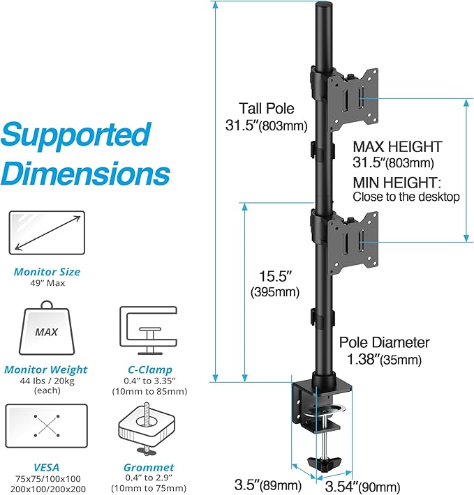 AVLT Dual 49 Inch Stacking Monitor Pole Mount - Stack 44 lbs Super Ultrawide Screens on Heavy-Duty Pole, Height Tilt Swivel Rotate Adjustment, C-clamp and Grommet Mounting Base, VESA Compatible