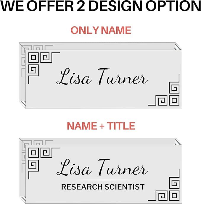 Customized Clear Acrylic Thick 8x3" Desk Name Plate Block with Personalized Logo - Professional Office Decor - Customized Acrylic Plate Gift for Teacher Co-workers, Christmas Gifts, Holiday Gifts (Greek Key Corners)