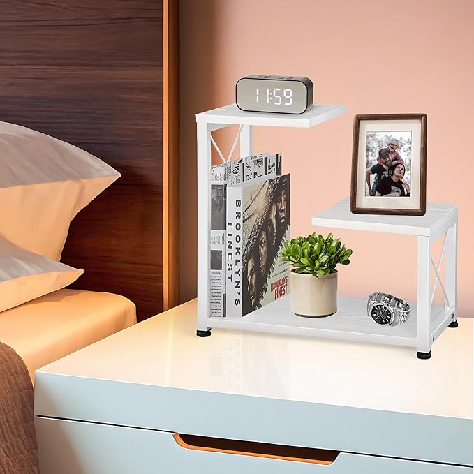 Desk Shelf Organizer, 3 Tier Storage Shelf Riser Display Stand, Wood Desktop Organizer Small Bookshelf, Desktop Shelf for Office Decor and Desk Accessories, White