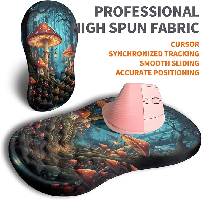 Ergonomic Joint Wrist Support Mouse Pad with Memory Foam Cushion Massage Bump, Carpal Tunnel Pain Relief Mousepad Slope Design for Wrist Rest, 11.8x7.9 in, Mushroom