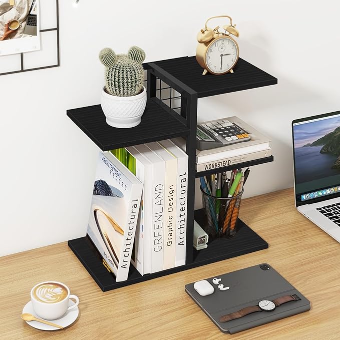 ELITEROO Desktop Bookshelf, 4 Tier Wood Desk Organizer Shelf, Tabletop Storage Shelf Rack for Office Supplies, Desk Decorations for Women Office, Rustic Black