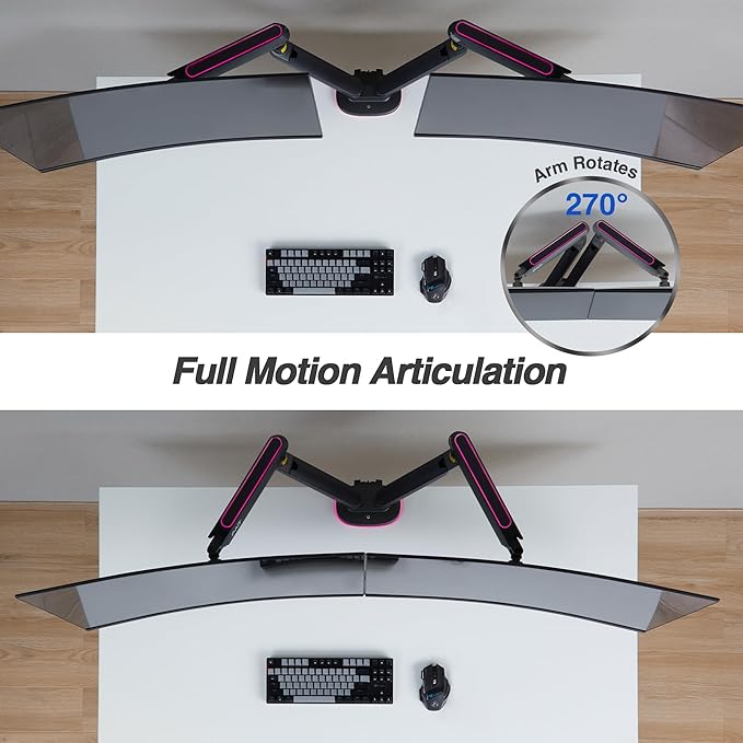 AVLT Dual 27”-43” RGB Gaming Monitor Arm Desk Mount Built-in 20 Lighting Modes Touch Button Control Fits Flat/Curved/Ultrawide Screen Height Swivel Tilt Rotation Adjustable Stand -Black