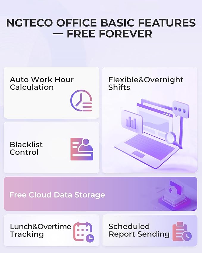 NGTeco Cloud Time Clock for Employees Small Business, Remote Control Fingerprint Time Clocks, Customization Rule Clock in Machine with Software ＆ iOS/Android App, 2.4G WiFi, No Monthly Fee, White