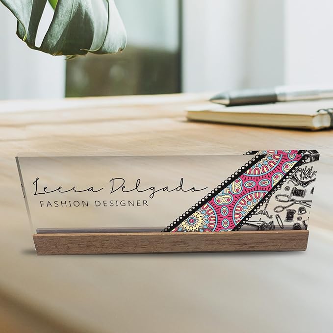 Artblox Personalized Office Desk Name Plate and Business Card Holder | Clear Acrylic Glass with Teak Wood Stand | Fashion Design Customized with Your Name and Credentials Office Desk Décor