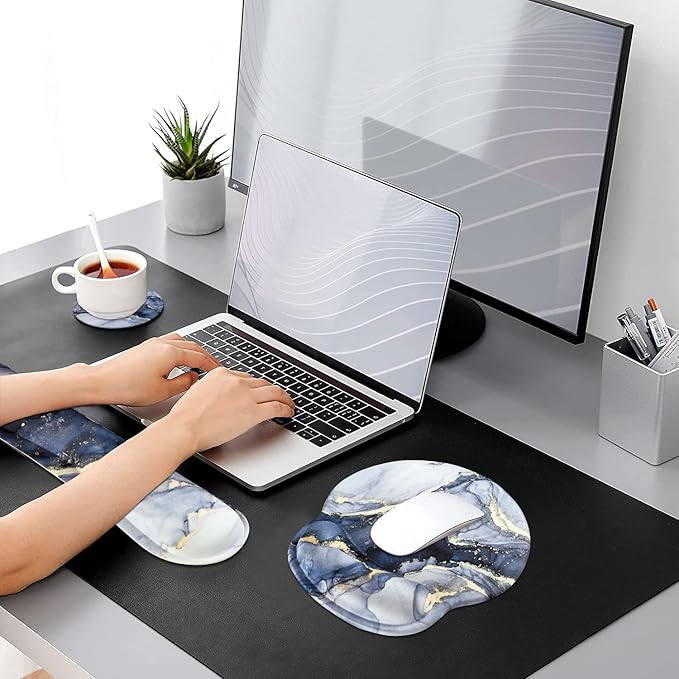 iLeadon Mouse Pad with Wrist Support Keyboard Wrist Rest Set, Ergonomic Mouse Pad with Non-Slip Base for Computer Home Office + Coasters, Easy Typing & Pain Relief Mouse Mat, Dark Blue Marble