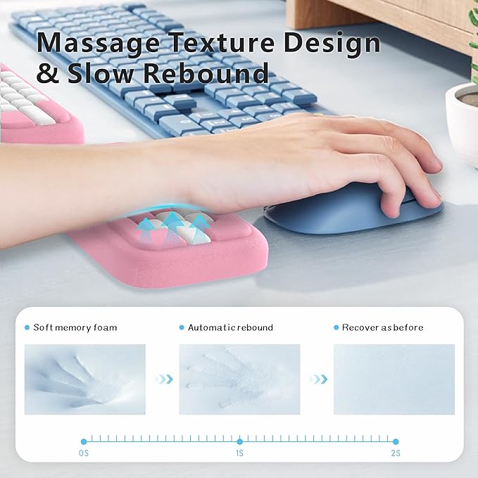 MEKASS Keyboard Wrist Rest, Ergonomic Wrist Pad, Soft Memory Foam Keyboard Hand Rest with Non-Slip Base, Easy Typing, Pain Relief, Comfort Support for Office Work Gaming Accessories (Pink White)